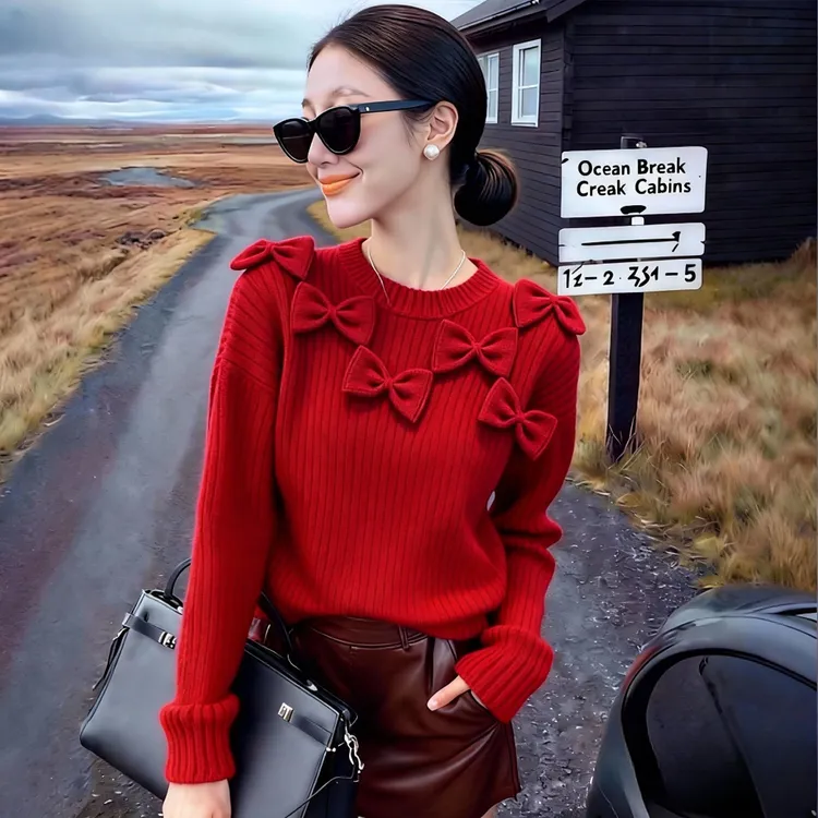 高级感立体蝴蝶结新年红时尚针织衫2025冬季长袖洋气减龄红色上衣