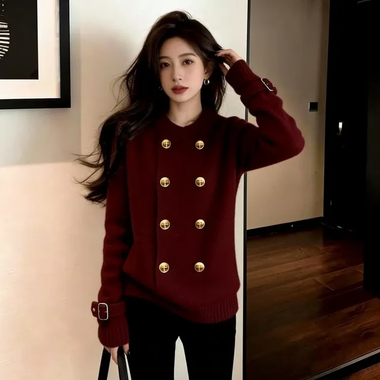 美式复古风时尚百搭休闲随性松弛酒红色毛衣外套2026冬双排扣开衫