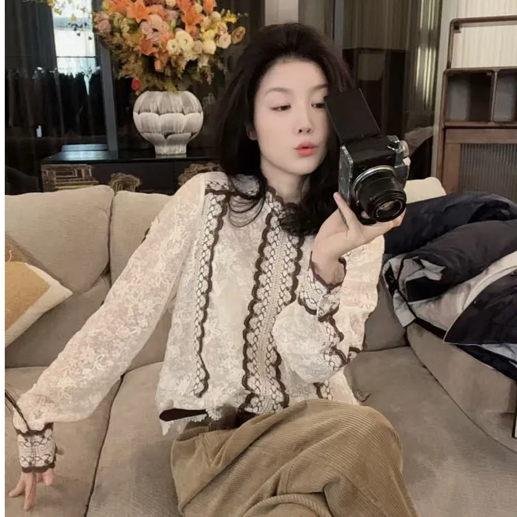 【悦悦专属】冬季精致棕色蕾丝花边洋气衬衣Y1196