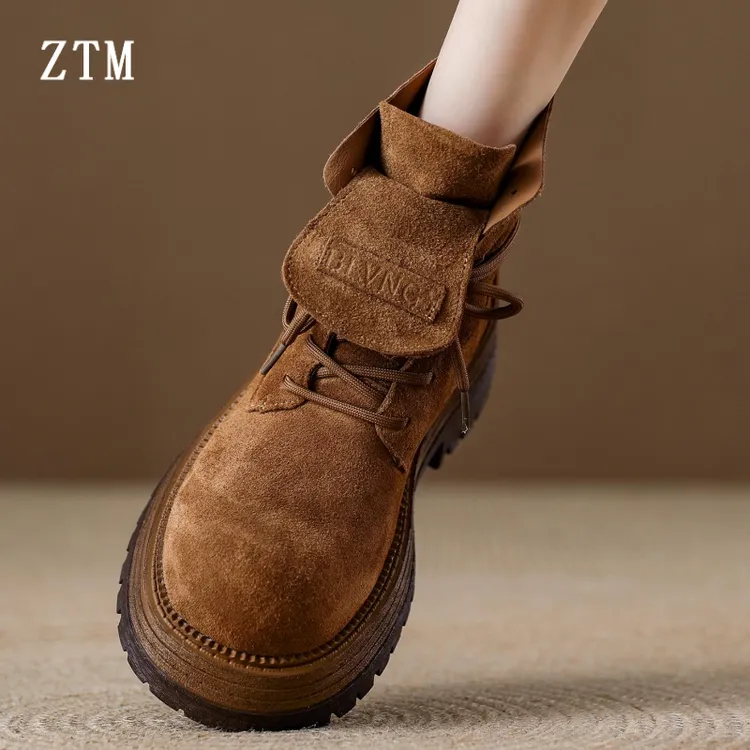 复古机车靴休闲工装短靴女2025秋季新款磨砂真皮厚底翻盖马丁靴