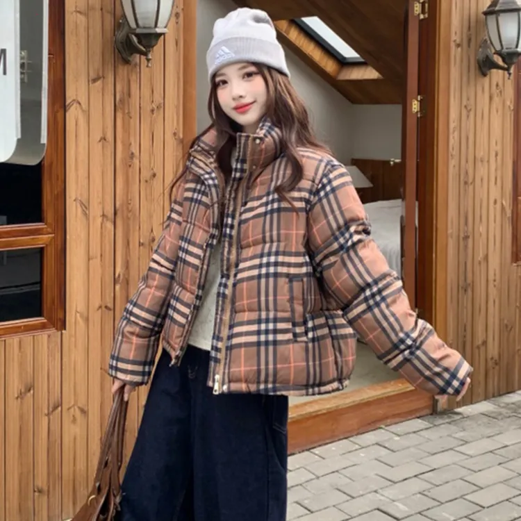 格子棉服女短款2025年冬季新款韩系卡其外套立领宽松小个子面包服