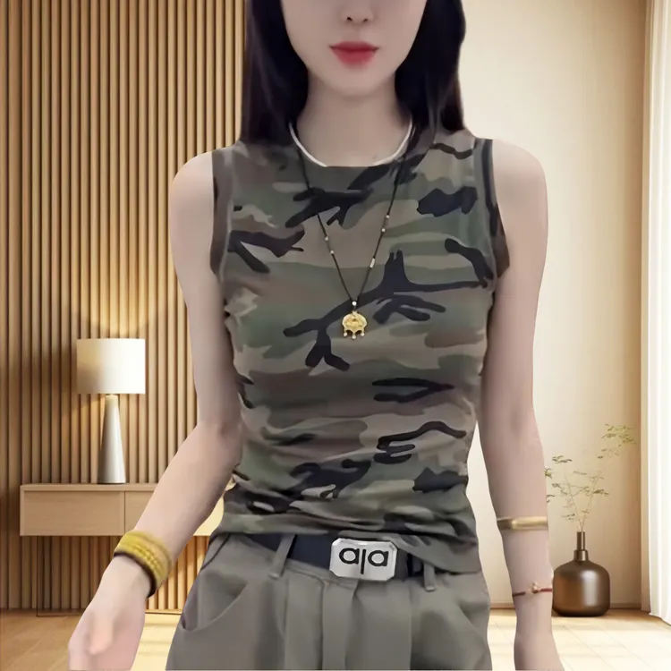 美式时尚迷彩印花无袖背心女夏2025欧货新款休闲修身显瘦坎肩上衣