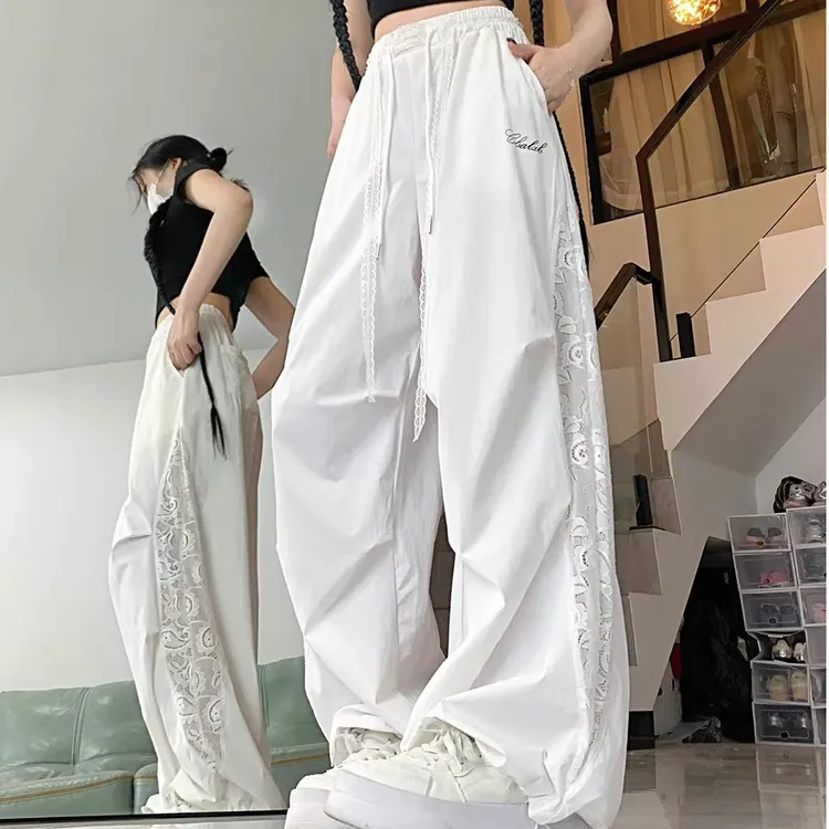 夏季白色蕾丝拼接镂空设计宽松显瘦阔腿裤垂感休闲长裤运动高腰