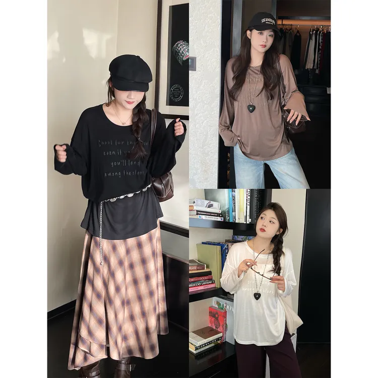 QC宣宣【自由穿搭】微胖大码女秋发泡印针织莱赛尔T恤ZY508V02