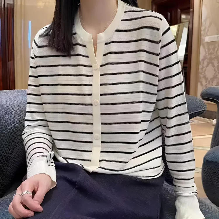 【梦想阶梯】桑蚕丝秋冬时尚舒适撞色条纹针织衫显瘦百搭女上衣L17