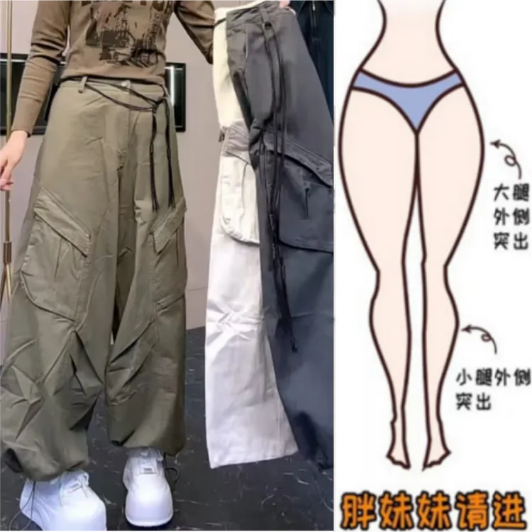 格洛森秋季新款梨型身材时尚宽松显瘦高腰休闲百搭洋气水洗工装裤