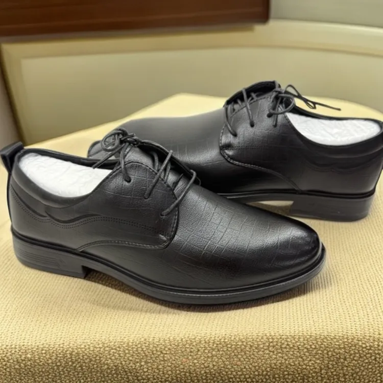 格子皮革拼接系带休闲皮鞋正装男款鞋子透气男士休闲鞋黑色英伦