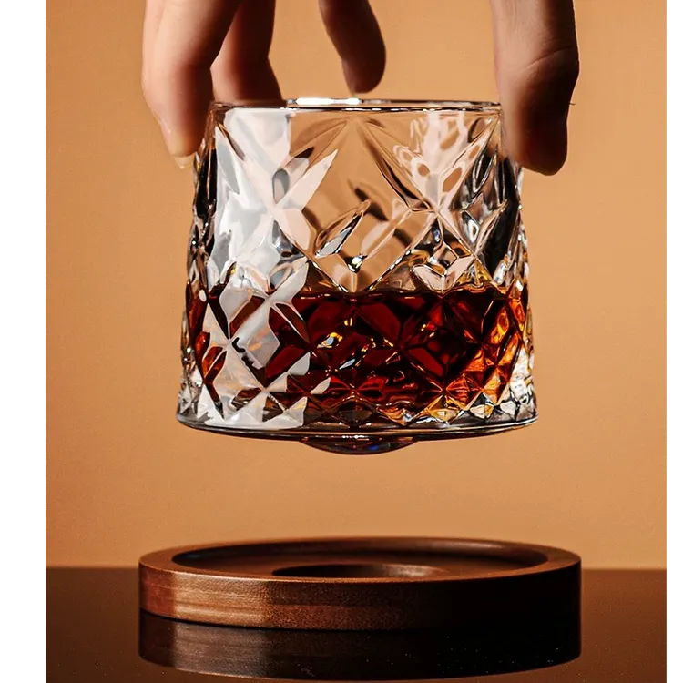 轻奢高档旋转酒杯不倒翁古典易清洗酒杯洋酒杯厚款威士忌酒杯带垫