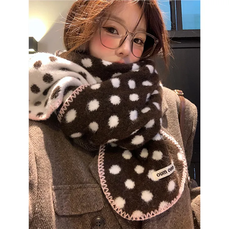 双面波点针织毛绒围巾女秋冬氛围感加厚保暖学生防寒韩系围脖帽子