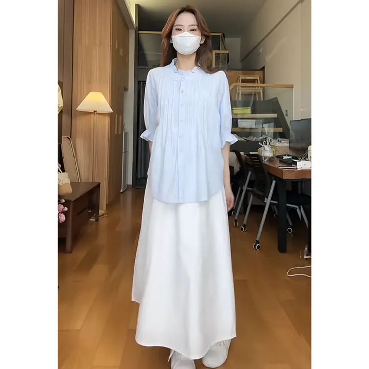 2025夏季孕妇装日系泡泡袖宽松法式气质娃娃领衬衫+白色半裙套装