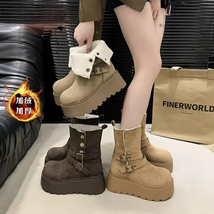 冬季新款一鞋两穿短靴中筒靴时尚百搭厚底防滑舒适增高女款棉靴-X