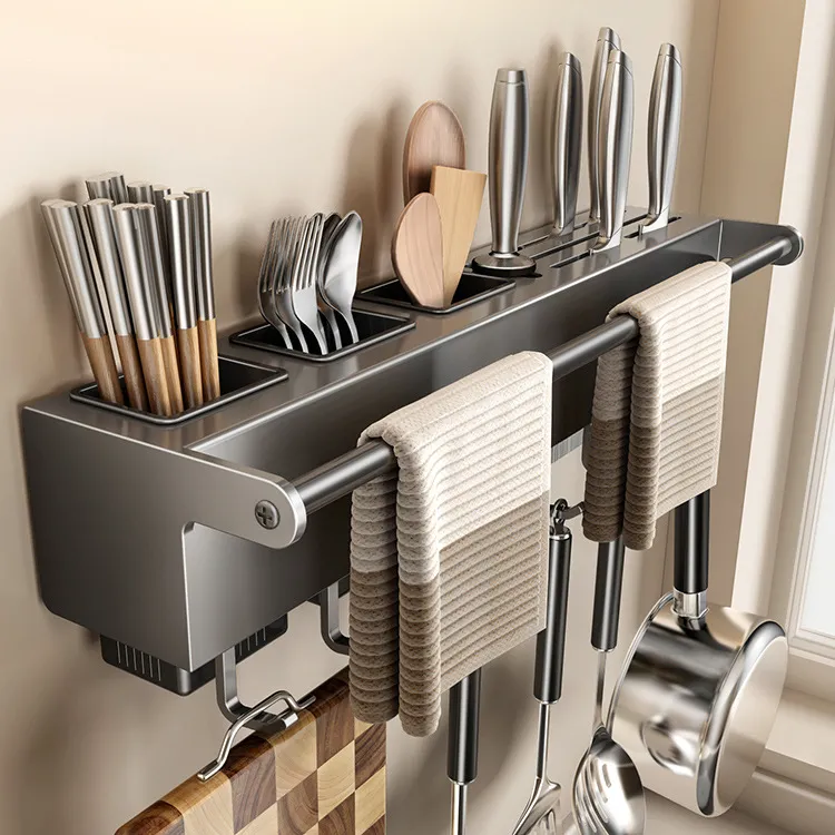 家用厨房刀架不锈钢筷篓置物架免打孔刀具一体筷子筒壁挂收纳架子
