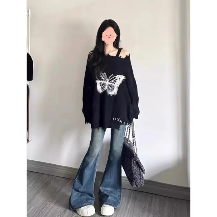 韩版软糯蝴蝶结慵懒风宽松毛衣女秋冬季新款设计感破洞针织衫上衣