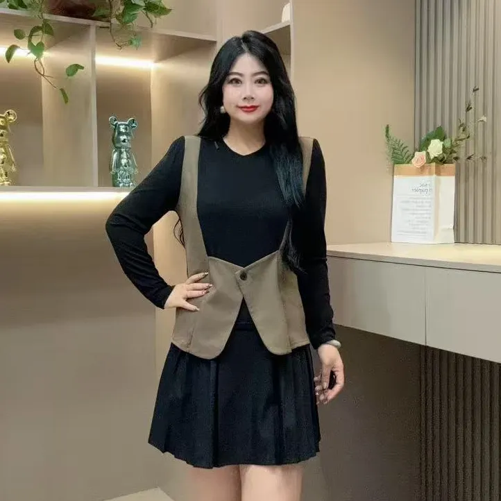 秋季上衣-酷 3368秋季时尚拼接马甲假两件圆领气质收腰显瘦上衣