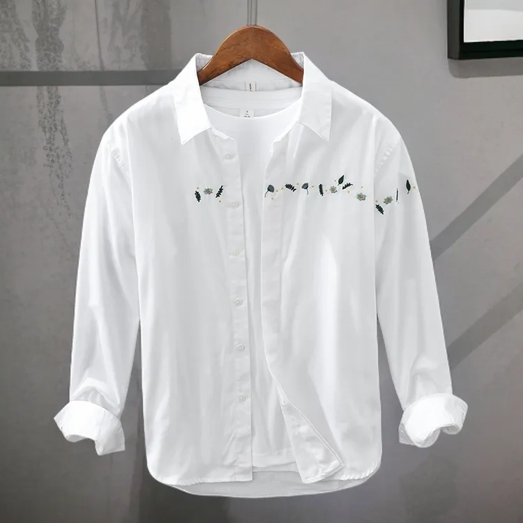 2025秋装新款男士衬衫小花刺绣高级感衬衣韩版小伙男生上衣潮牌