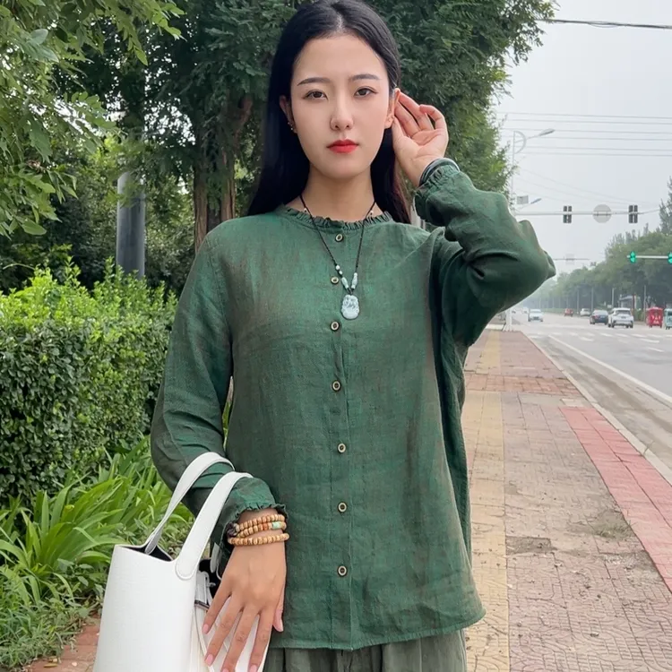 2025新款汉麻百搭木耳领宽松显瘦休闲通勤文艺长袖衬衫外穿内搭