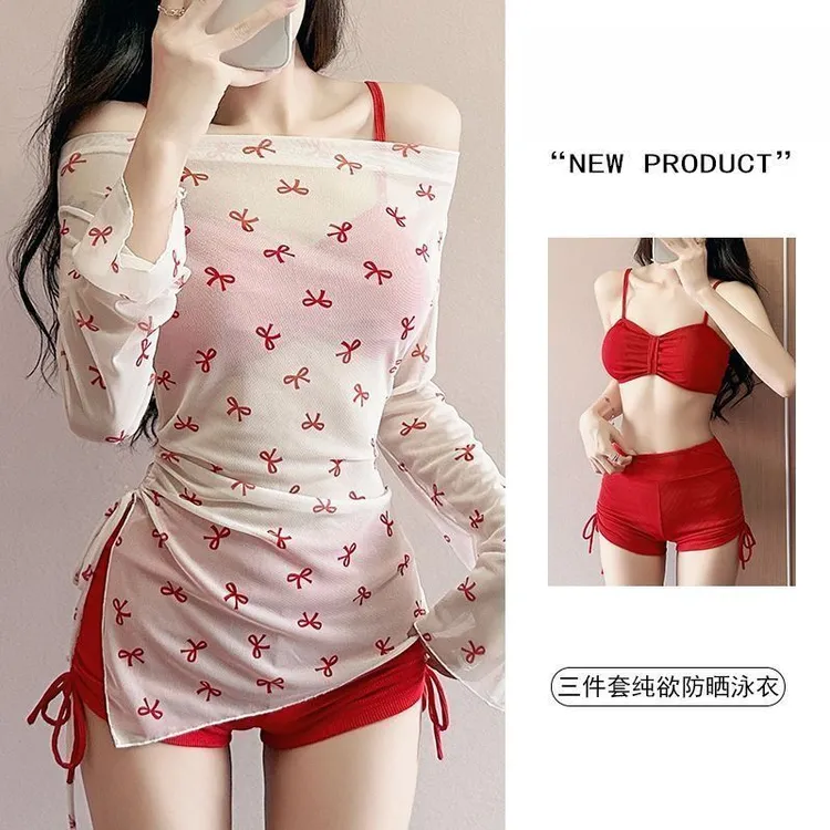 新款游泳衣三件套长袖女装防晒罩衫比基尼高颜值女士泳衣薄款上衣