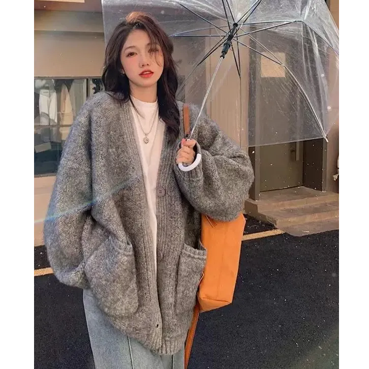 韩系东大门复古慵懒风松弛感加厚软糯宽松秋冬针织毛衣开衫外套