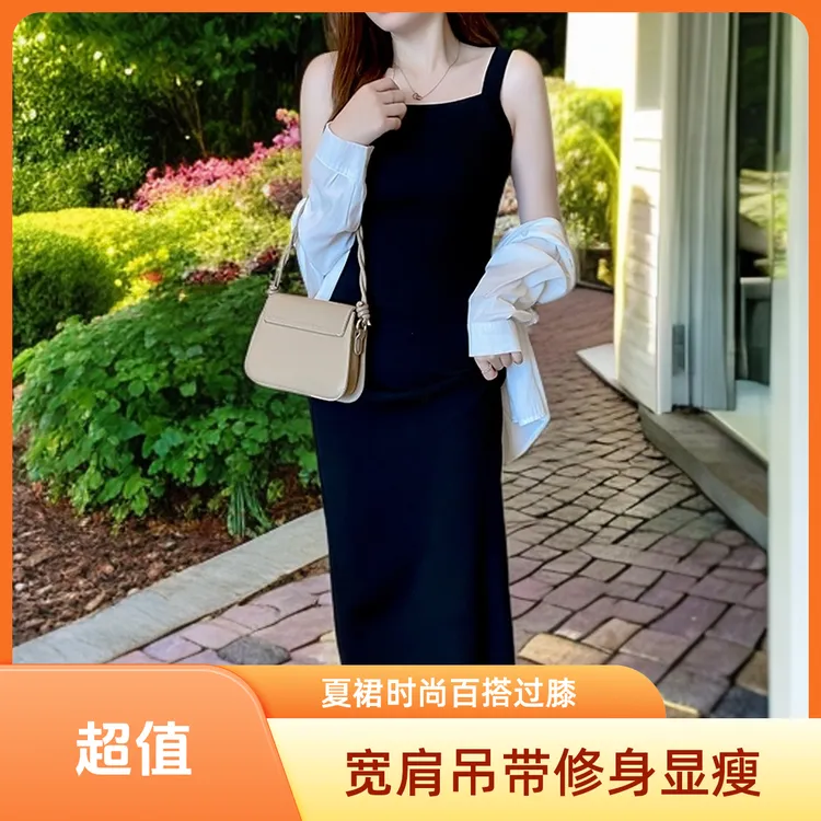 遮副乳宽肩吊带连衣裙女夏2025新款过膝背心长裙修身显瘦时尚百搭