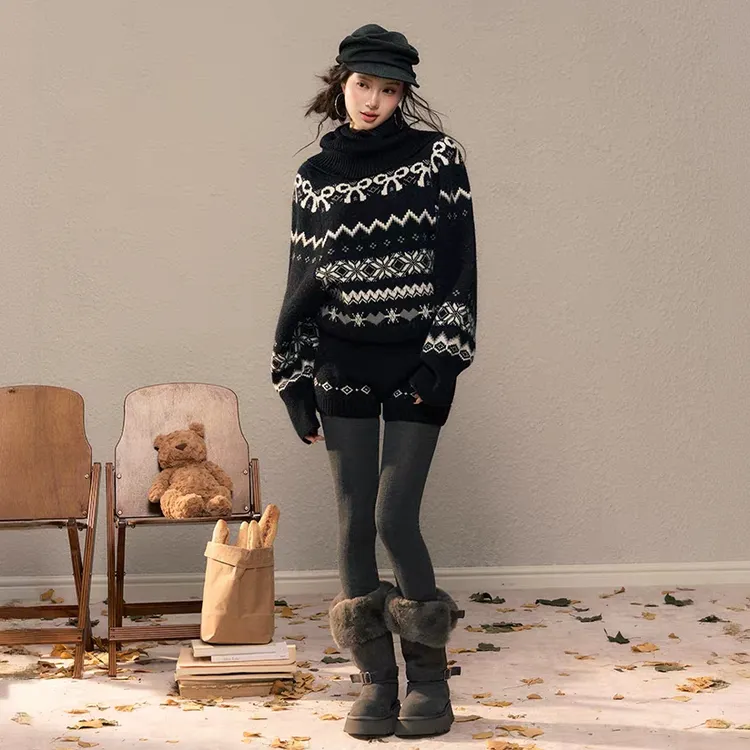 费尔岛堆堆领毛衣套装女秋冬厚款松紧腰短裤两件套百搭洋气外穿