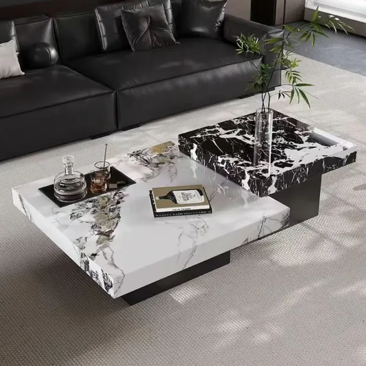 意式高低组合茶几简约现代大理石茶几高端客厅家用正方形茶几