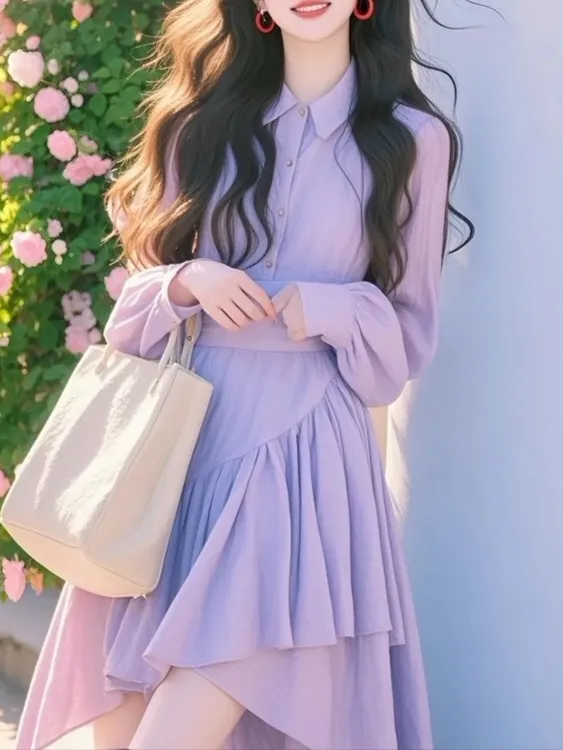 2025春季新款女装御姐独特绝美法式气质收腰紫色长袖衬衫连衣裙子