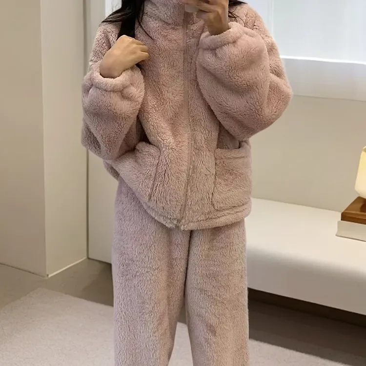 珊瑚绒双面加厚两件套家居服女韩系秋冬新宽松百搭休闲小个子睡衣