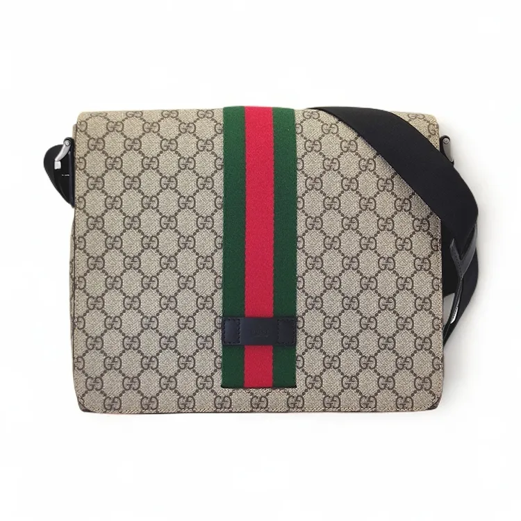 99新 GUCCI/古驰 男士邮差包双g红绿条纹单肩斜挎包