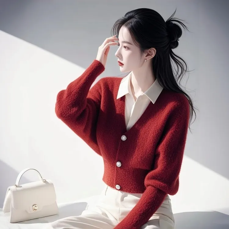 新年红色假两件毛衣女2025秋冬季新款软糯高级感撞色Polo领针织衫