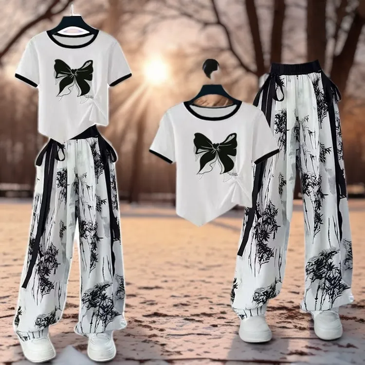 母女装女童新中式国风冰丝套装水墨画阔腿裤时尚超仙洋气两件套潮