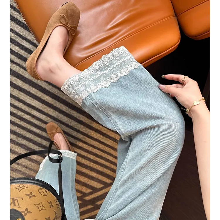 小个子蕾丝花边阔腿牛仔裤女2025秋季新款百搭宽松高腰九分直筒裤