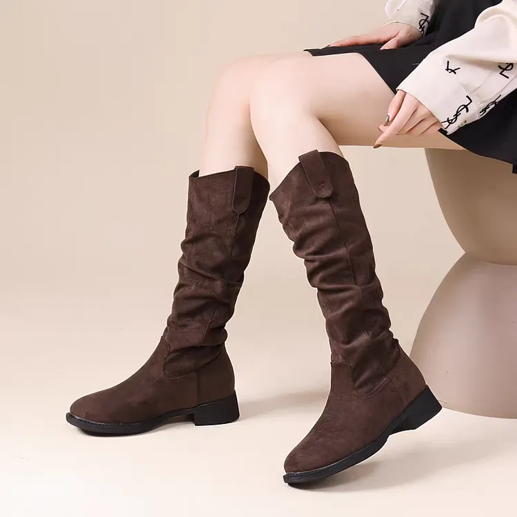【米热】502-不过膝高筒长靴女新款2025冬加绒保暖舒适复古休闲绒面