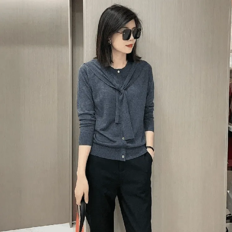 微胖mm秋季系带针织开衫女2025秋冬长袖百搭显瘦气质高级感上衣
