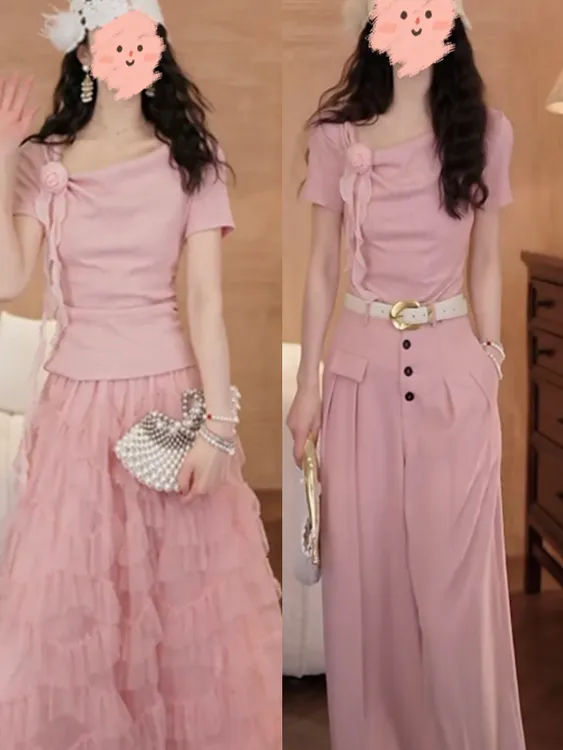 夏季新款洋气时尚显瘦上衣立体花朵不规则抽褶斜领短袖百搭半身裙