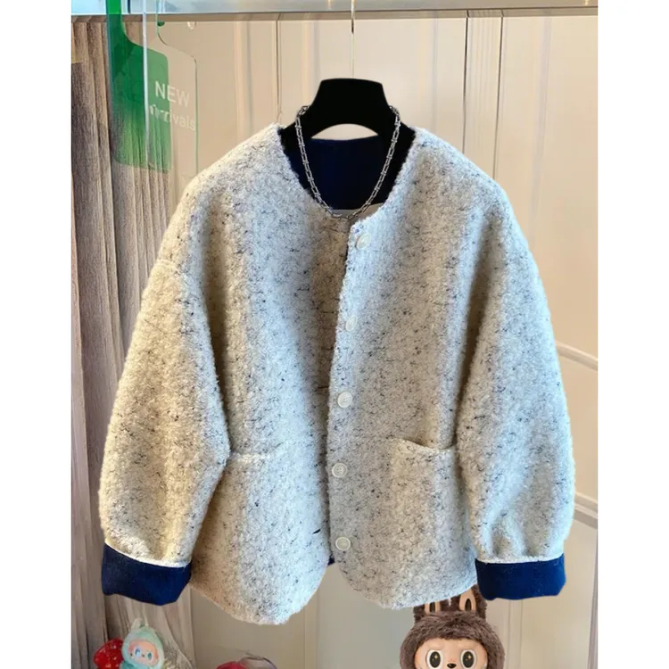 韩系撞色圆领外套女冬季小香风独特遮肉显瘦减龄气质漂亮保暖上衣