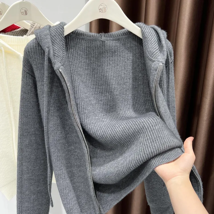 灰色连帽针织毛衣外套女秋冬季小个子叠穿外搭慵懒风长袖开衫上衣