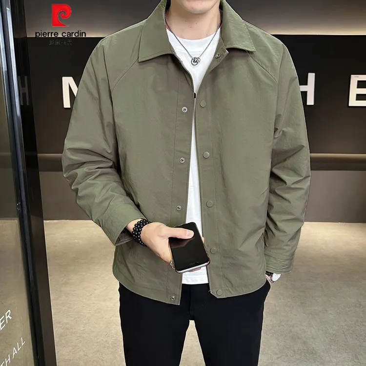 皮尔卡丹春秋款防风宽松男士工装薄夹克薄款修身外套翻领纯色上衣