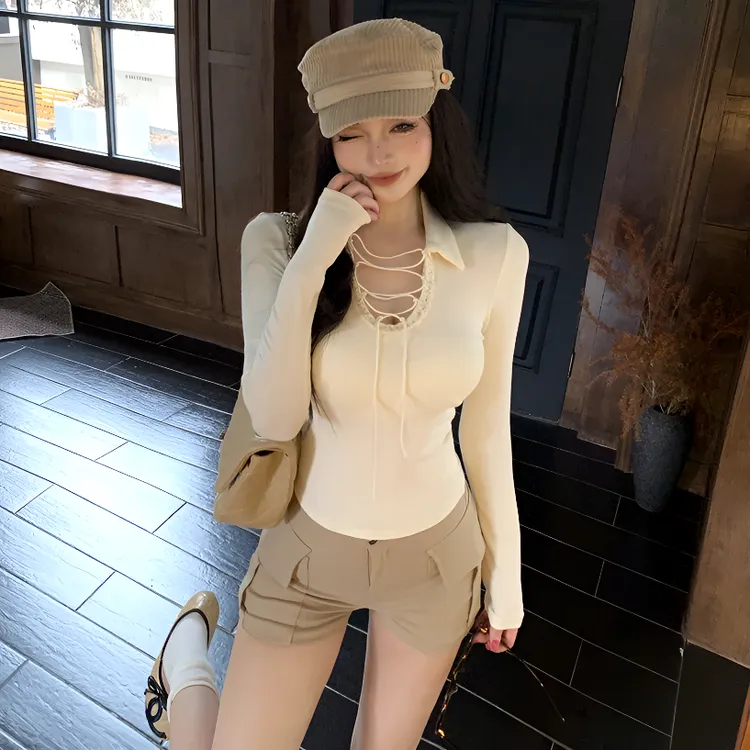 辣妹镶钻绑带修身显瘦T恤2025秋冬新款性感镂空设计感百搭打底衫