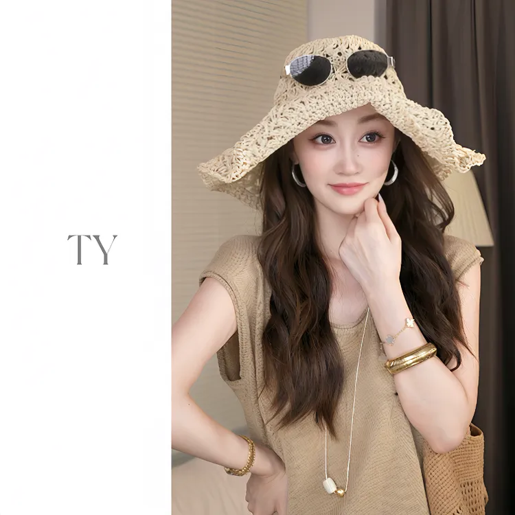 镂空渔夫帽女夏透气大帽檐遮阳帽手工编织出游沙滩可折叠