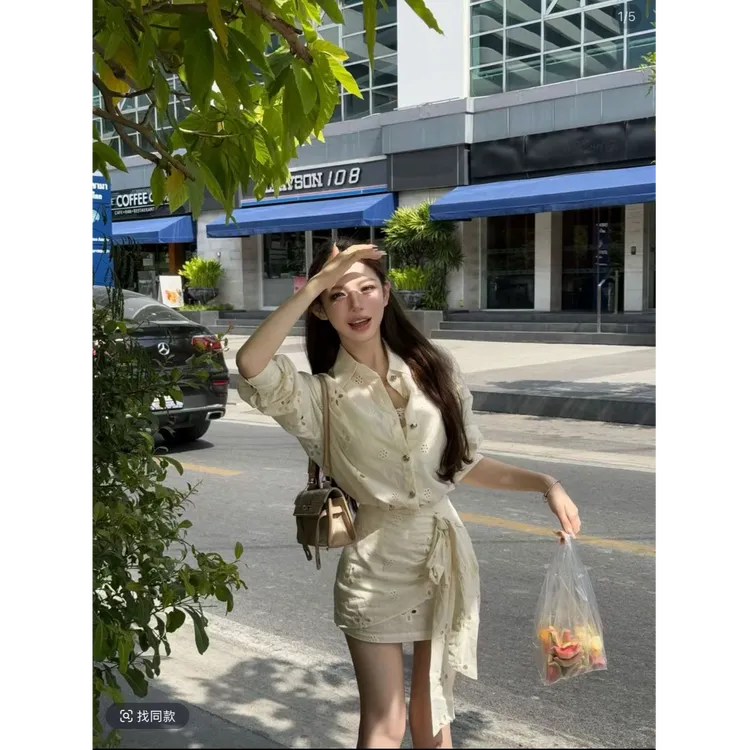 法式气质镂空长袖衬衫上衣2025春夏新款小众收腰包臀裙两件套-99