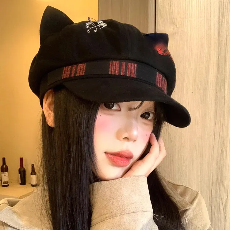 原创亚文化黑色朋克宅文化千禧辣妹贝雷帽子女秋季新款百搭八角帽