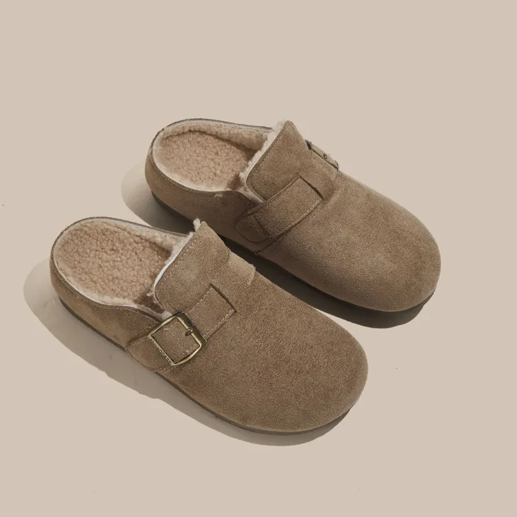 2025秋冬新款加绒保暖防滑穆勒棉拖加绒勃肯鞋包头毛毛拖鞋女外穿