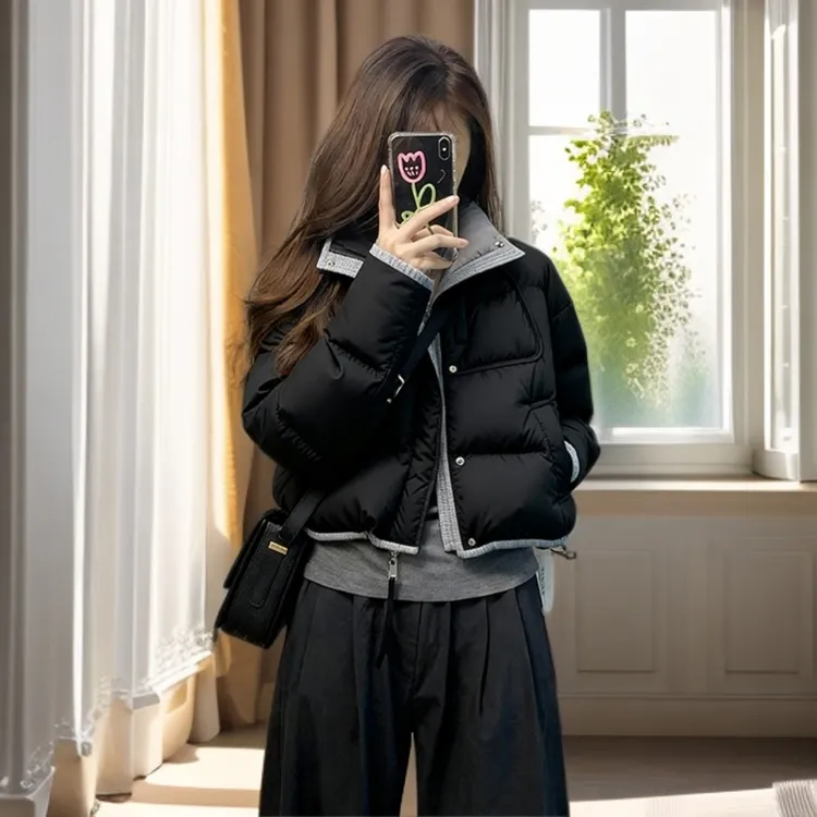 2025巨好看的短款棉服女冬小个子翻领撞色外套厚棉袄韩系面包服