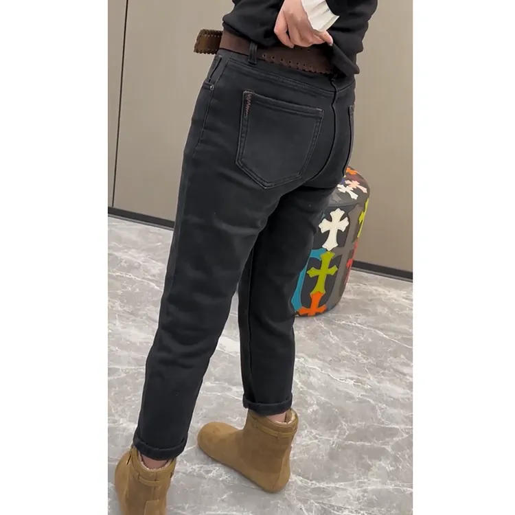 加绒加厚直筒牛仔裤女2025秋冬新款小个子高腰显瘦弹力九分烟管裤