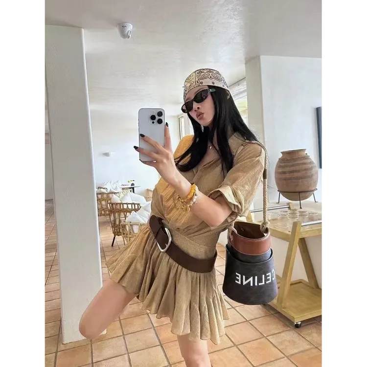 夏季新款女衬衫连衣裙衬衫百褶时尚法式高腰小众设计感显瘦复古裙