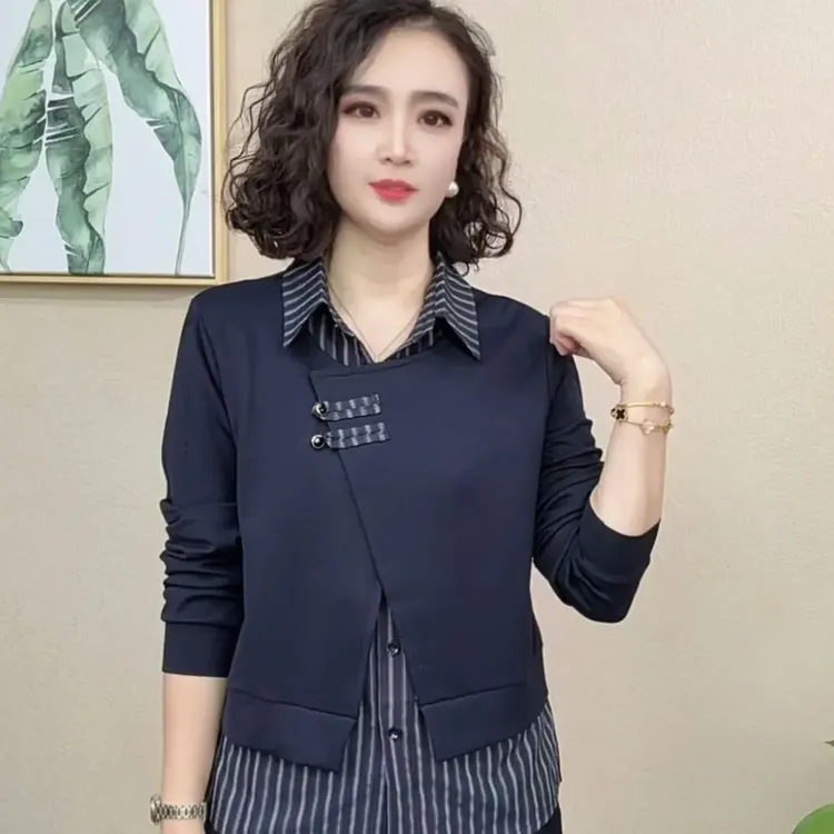 气质翻领女装时尚套装假两件早秋休闲风拼接显瘦洋气长袖#6568
