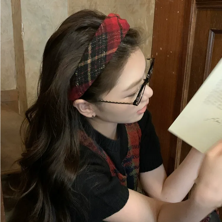 秋冬复古圣诞酒红色植绒格纹发箍宽边高颅顶气质新年日常头饰发饰