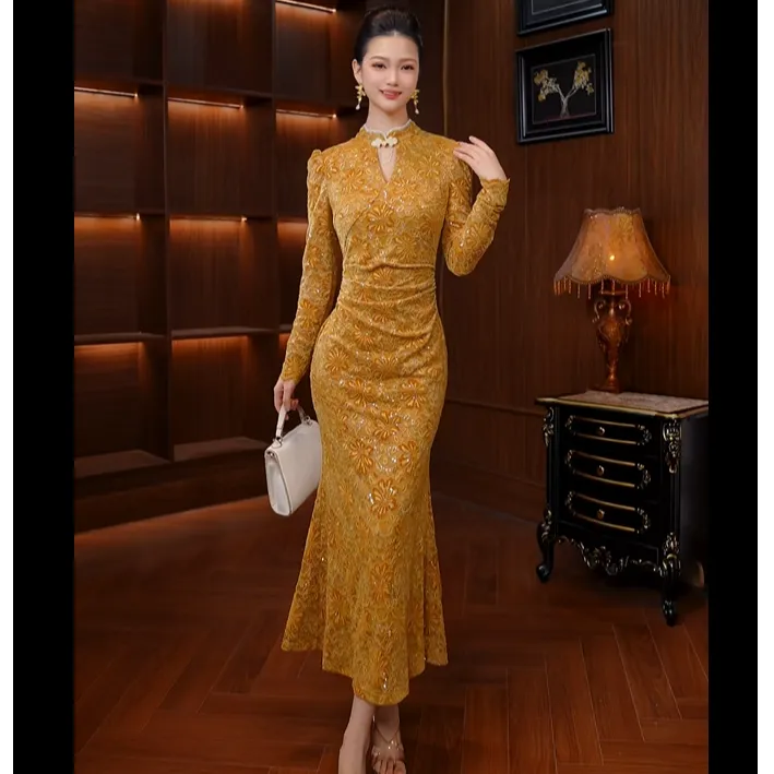 秋冬新款复古新中式鱼尾裙显瘦修身优雅女装连衣裙22010