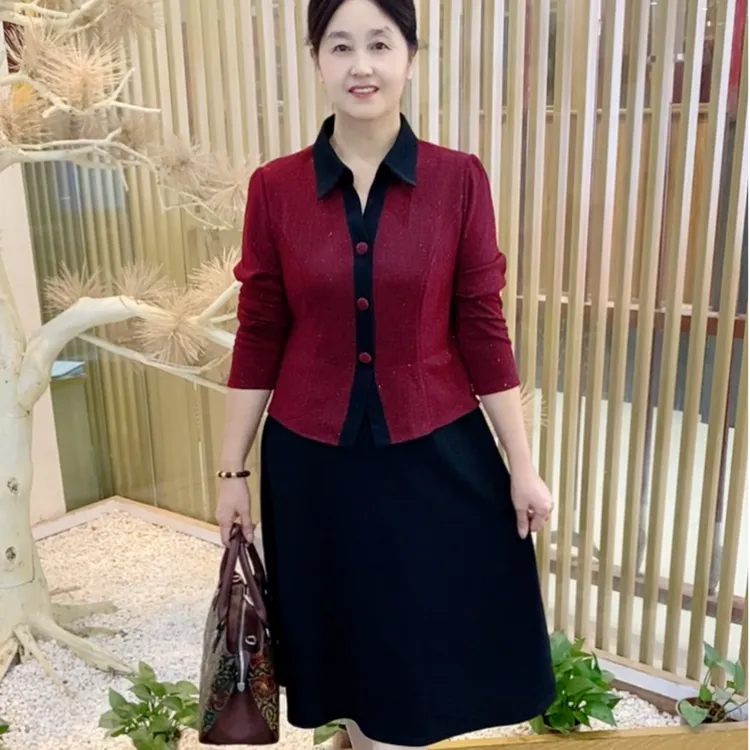 秋冬新款妈妈装时尚显瘦古风优雅气质中老年长袖中长款拼接连衣裙