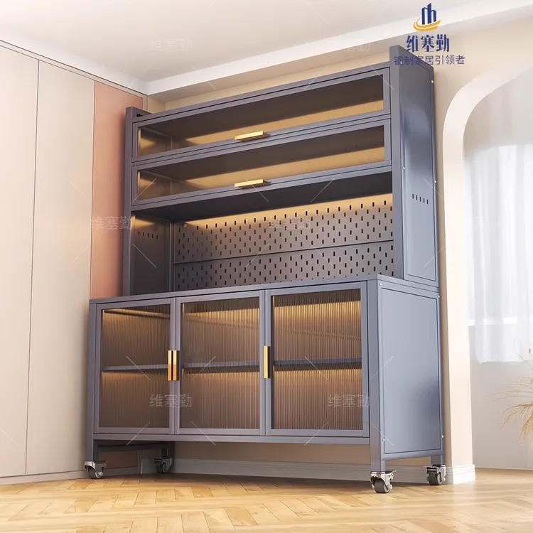 厨房置物架落地一体餐边柜防尘带门橱柜家用电器储物柜碳钢置物柜